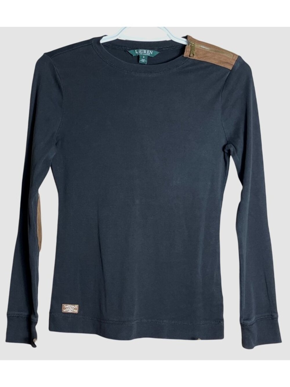 Lauren RL Unique Crewneck Tshirt Long Sleeve Patch Black Preppy Layer Fall Wom S